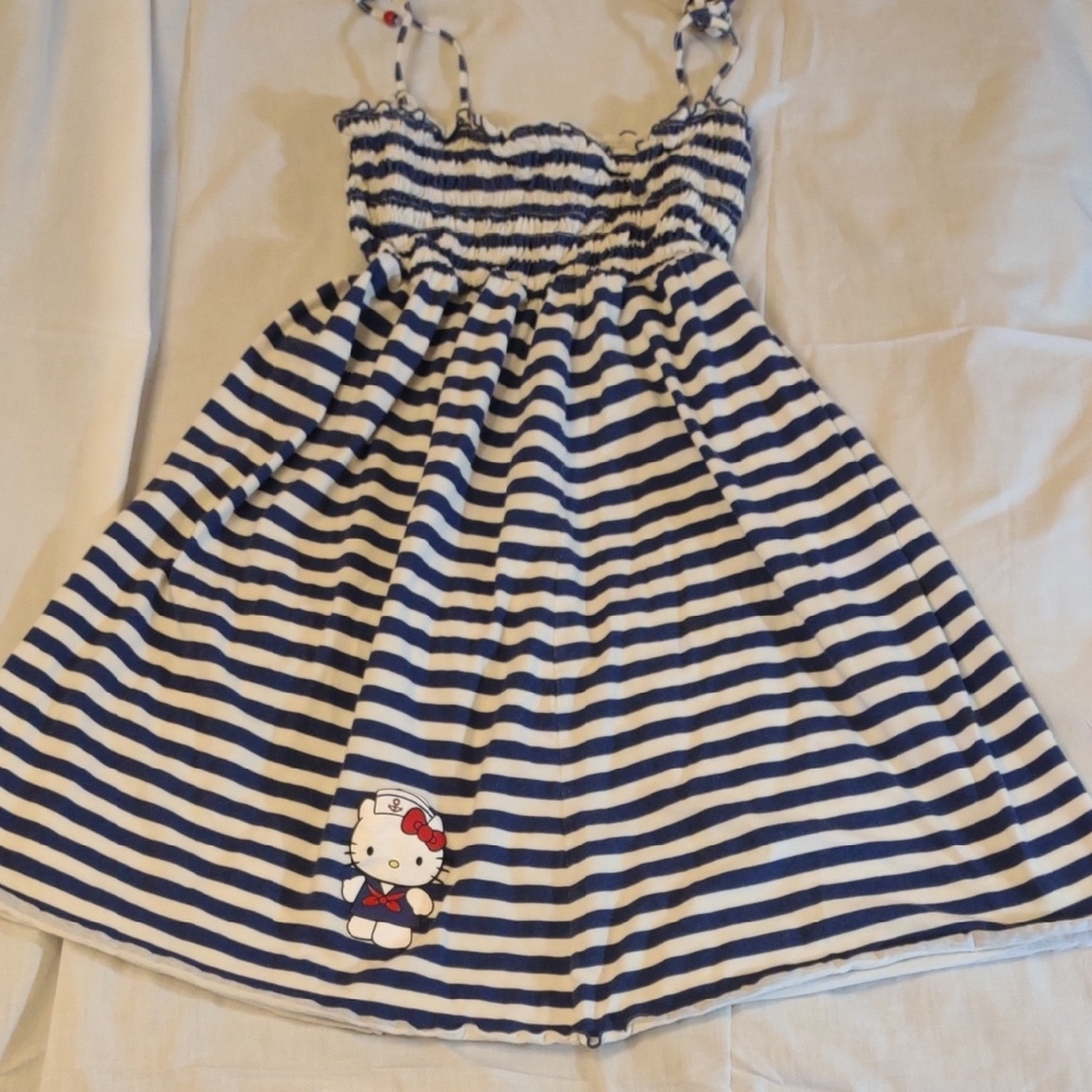 Hello Kitty Girl's Blue & White Sailor Theme Ruffled Dress W/Ties Size M